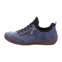 Rieker Lace-up Casual Shoe for Women, Blue Rieker Lace-up Casual Shoe in Blue Comfortable and practical! These ocean blue shoes with a wide black shaft from Rieker guarantee a heavenly wearing experience. The lightweight and shock-absorbing profile sole provides lasting comfort - even on long days. Another plus is the soft insole. Slip in and feel good!   Color: Blue  Heel Height: 2.7 cm  Heel Shape: Flat  Toe Shape: Round  Shoe Width: Normal (G)  Removable Insole: No  Color of Sole: Gray  Closure: Slip-on  Water Protection: No  Reflective: No  Fit: True to size  Shaft Height: Ankle-high   Material & Care  Upper Material: Synthetic  Inner Material: Synthetic  Insole: Leather  Sole: PU Sole  Shoe Lining: Cold or Unlined  Care Instructions: Remove dust and dirt with a soft shoe brush or a li Blue Lace-up Walking Shoes For Outdoor Activities, Blue Sporty Walking Shoes With Round Toe, Comfortable Blue Leather Walking Shoes, Blue Walking Shoes With Rubber Sole And Round Toe, Blue Round Toe Walking Shoes For Sports, Blue Leather Sneakers For Outdoor Activities, Blue Synthetic Walking Shoes With Round Toe, Blue Walking Shoes With Round Toe For Sports, Blue Sporty Walking Shoes With Cushioned Footbed