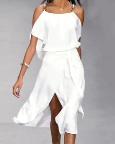 Olivia Mark - Casual belted off shoulder dress with chain decor Thigh Belt, Women's A Line Dresses, Casual Belt, Long Summer Dresses, Vestido Casual, White Midi Dress, Types Of Dresses, Outfit Casual, Beach Dresses