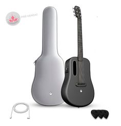 an electric guitar and its accessories on a white background