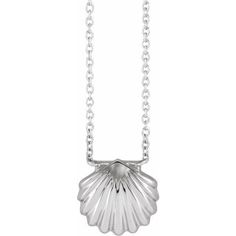 This Shell Necklace has a center shell pendant sized 11.08 x 10.66 mm on an 18" cable chain that is 1 mm in width. ◆ White gold jewelry and Sterling Silver chain is rhodium plated. Seashell Necklace, Solid Gold Earrings, 14k Gold Necklace, Shell Necklace, Solid Gold Jewelry, White Gold Jewelry, Necklace Online, Shell Pendant, Shell Necklaces