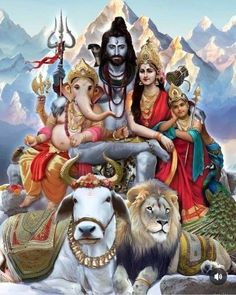 the hindu god sitting on top of a cow and surrounded by other animals, with mountains in the background