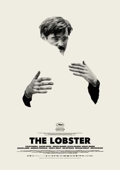 the lobster movie poster with man holding paper in front of his face and pointing at it