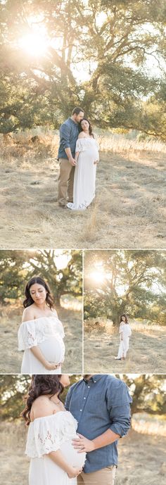 a man and woman are standing in the grass with their arms around each other as they hug