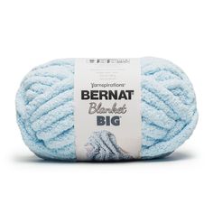 bernat blanket big yarn ball in light blue, on a white background with the label