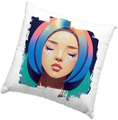 a square pillow with an image of a woman's face on the front and side