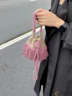 Bird in Bag - Mini Fashionable Crochet Handbag with Bead Decoration and Color Block Casual Crochet Handheld Bag, Casual Handheld Crochet Shoulder Bag, Casual Crochet Handheld Shoulder Bag, Casual Pink Pouch Bucket Bag, Casual Pink Crochet Bag With Adjustable Strap, Casual Pink Crochet Bag, Pink Handheld Crochet Bag For Daily Use, Trendy Pink Crochet Bags, Casual Handmade Pink Bucket Bag