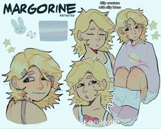 some very cute cartoon characters with their faces close to one another and the words margoine written on them