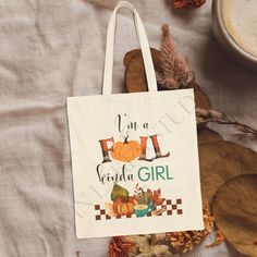 I'm a Fall Kinda Girl Tote Bag, Grateful Tote Bag, Grocery Bag, Fall Canvas Shopper, Inspirational Quote Bag, Shopper Tote, Autumn Tote Bag - Etsy Cute Cotton Shoulder Bag With Letter Print, Natural Cotton Bag For Gift, Autumn Tote Bag, Fall Canvas, Bag Quotes, Girls Tote, Fall Gifts, Shopper Tote, Grocery Bag