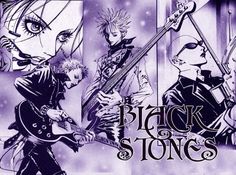 an image of some anime characters playing guitar and singing with the words black stones on them