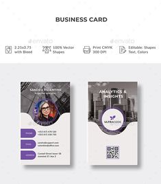 a set of two business card templates with purple and white designs on the front