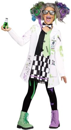 a woman dressed as a mad scientist holding a bottle