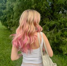 Blonde Sunset Hair, Two Color Hair Dye Ideas Blonde, Hair Dye Inspo For Blondes, Light Pink Ends On Blonde Hair, Rose Gold Streaks In Blonde Hair, Blond With Pink Hair, Blonde To Pink Balayage, Honey And Pink Hair, Blonde To Pink Ombre Hair