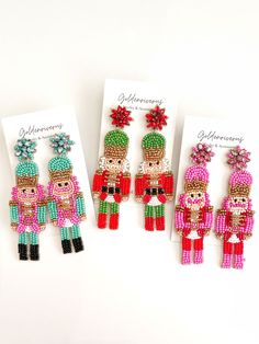 Nutcracker Earrings Length: 3 1/2 inch Width: 1 1/8 inch Quantity: two pieces / one pair ❤️Buy Any 5 Items get extra 15% off at check out❤️ ✨✨ Code: BUY5OFF15 ✨✨ 🚛 Purchase any items over $35 get free shipping🚛 All items are ready to ship within 48 hours (excluding weekends and holidays) The item is packaged ready to gift in a jewelry box Christmas Bead, Earring Crafts, Christmas Earrings, Swarovski Earrings, Nutcracker, Christmas Fun, Beaded Earrings, Seed Beads, Jewelry Box