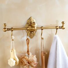 Luxury Towel Hooks Antique Brushed Brass Wall Mount Carved Single Bath Towel Bar | eBay Bath Towel Storage, Wall Mounted Towel Rack, Shower Organization