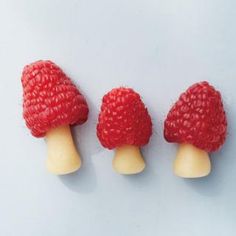 three raspberries sitting on top of each other in front of a white background