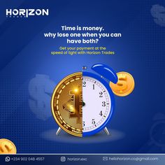 an advertisement for horizon showing a clock with bitcoin coming out of it and the caption time is money why lose when you can have both