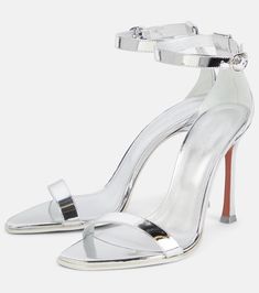 Formal Metallic Sandals With Sculpted Heel, Modern Silver Patent Leather Heels, Modern Metallic Sandals For Formal Occasions, Metallic Sandals With Sculpted Heel For Formal Occasions, Modern Metallic Patent Leather Heels, Sleek Silver Summer Heels, Silver Sleek Summer Heels, Sleek Metallic Open Heel Shoes, Silver Sleek Heels For Summer