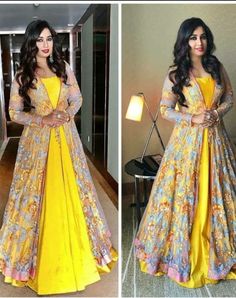 Blouse With Koti Style, Over Coats On Kurtis Party Wear, Blouse Koti Design, Haldi Gown Designs, Anarkali Dress With Jacket, Koti Style Kurti Jackets, Dress With Shrug Indian, Over Coats On Kurtis, Saree Dress Gowns Ideas