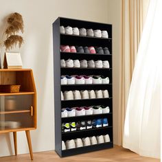 a shoe rack with many pairs of shoes on it