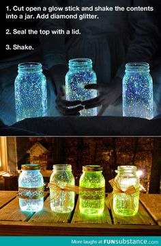 three jars with glowing stars in them