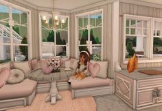 Coqquete Bloxburg House, Coquette Bloxburg House Kitchen, Bloxburg Bay Window Ideas, Bloxburg Crib Ideas, Bloxburg Bay Window, Frenchroses Bloxburg Builds, Bloxburg Pink House, Bloxburg Entry Way, Porch Bloxburg