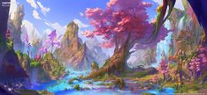 an image of a fantasy landscape with trees and flowers in the foreground, water on the far side