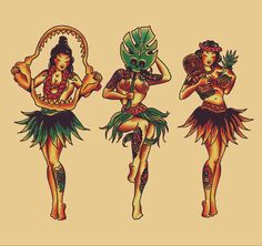 three hula dancers in different costumes