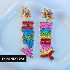 * Birthday Earrings * ♦ Material: Seed Bead ♦ Color: Multicolor ♦ Gift For: Mom, Daughter, Sister, Girlfriend, Wife  ♦ Occasions: Birthday ♦ Size: 4.5'' x 1.2'' ♦ Theme: Birthday ♦ Lead and Nickel Free ♥ Be ready to get lots of compliments ♥ ♦ TURNAROUND TIME: ♦ Your order will be shipped in 1 business day. US customers should receive their order within 2-3 business days. International orders will take 3-4 weeks. ♦ More from us  https://www.etsy.com/shop/ONYUK ♦ Instagram: https://www.instagram. Handmade Earrings For Birthday And Mother's Day, Multicolor Drop Earrings For Birthday, Beaded Jewelry For Mother's Day Party, Mother's Day Beaded Party Jewelry, Mother's Day Party Beaded Jewelry, Cute Earrings For Birthday Or Mother's Day, Handmade Rainbow Beaded Earrings For Party, Trendy Handmade Earrings For Birthdays, Trendy Handmade Earrings For Birthday