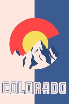 the colorado flag is shown with mountains in the back ground and blue, yellow, red, and white colors