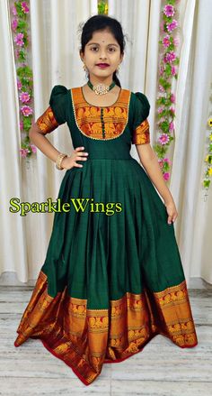 Kids Long Gown Designs, Narayanpet Dress Designs, Narayanpet Long Frocks Back Neck Designs, Pattu Paavadai Satai, Narayana Peta Long Frocks, Narayana Pattu Blouse Designs, Narayanpet Frocks For Kids, Pattu Dress For Kids, Narayana Pattu Long Frocks