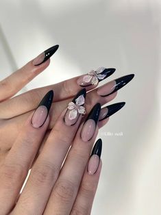 Black And White 3d Flower Nails, Black Nails 3d Flowers, Long Nails Black French, Black Floral Nails Simple, Black French With Flowers, Black French Tip Flower Nails, Black And Flower Nails, Black 3d Nail Art, Black French Tip Nails With Flower