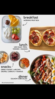 an image of food that includes pizza, salad and other things to eat for lunch