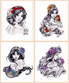 four different drawings of girls with long hair and flowers in their hair, one is wearing a