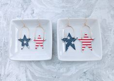 "These fun patriotic earrings are the perfect addition to your holiday outfits! Choose your metal color for the arch and the size of your stars for the perfect fit! Earrings are made of genuine leather and arches are hooks are stainless steel, making them perfect for sensitive ears and tarnish free! Small stars measure 3\" long including the hooks.  Large stars measure 3.35\" long including the hooks." Patriotic Earrings For 4th Of July, Patriotic Red Star-shaped Earrings, Patriotic 4th Of July Earrings, Patriotic Red Star Earrings, Patriotic Earrings For 4th Of July Gift, 4th Of July Earrings, Patriotic Earrings, Small Stars, Earrings Star