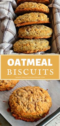 oatmeal biscuits are stacked on top of each other in a baking pan