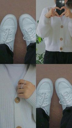 four photos of a woman taking a selfie with her cell phone and wearing white sneakers