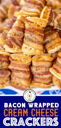 bacon wrapped cream cheese crackers stacked on top of each other