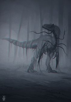 a large dinosaur standing in the middle of a foggy forest with its mouth open