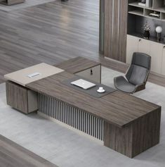 an office desk in the middle of a room