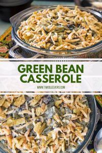 green bean casserole is shown in two pans with spoons on the side