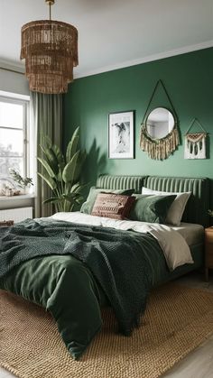 a bedroom with green walls and a bed in the middle, surrounded by wicker rugs