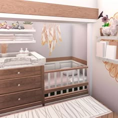 a baby's room with a crib, dresser and shelves