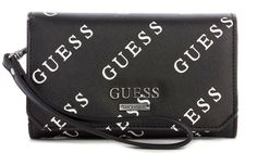 NEW GUESS Women's Black White Spell-Out Logo Print Wristlet Wallet Phone Organizer Keep your necessities close in this on-trend phone organizer featuring a spell-out logo print, logo emblem and detachable wristlet strap. Snap closure Exterior features shiny gold-tone hardware Interior features 2 large slip compartments, 1 zip pocket, 2 bill slip pockets, 4 card slots (1 ID window) 7.5"W x 4"H x 1"D Guess Cessily Wallet, Black White Logo, Logo Emblem, Phone Organization, Wristlet Wallet, Emblem Logo, Print Logo, Logo Print, Snap Closure