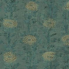 a blue and green wallpaper with flowers on it