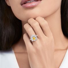 A graphic composition of diamond-set threads frames a striking radiant cut yellow diamond in our eye-catching white gold Threads ring. Seemingly random arrangements of baguette cut and round white diamonds amplify the vibrant beauty of the centre stone, a magnificent example of Graff's reputation for discovering the finest yellow diamonds. Model wears a contemporary Threads baguette cut and round white diamond ring with a total weight of 2.00 carats, showcasing a certified 1.00 carat Fancy Inten Chain Ring Gold, Diamond Halo Ring, Wedding Engagement Ring, White Diamond Ring, Right Hand Rings, Bridesmaid Bracelet, Band Jewelry, Cz Jewelry, Bridal Bracelet