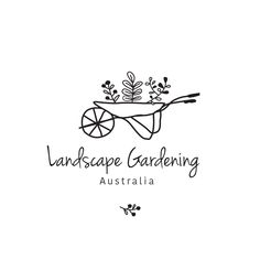 landscape gardening australia logo with wheelbarrow and flowers on it, black and white