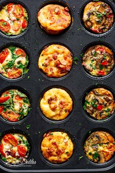 muffin tins filled with different types of food