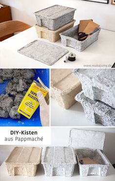 several pictures of different types of cements on a table with text overlay that says diy - kisten aus pappmac centre