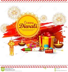 happy diwali greeting card with gifts and fireworks in the background royalty illustration stock illustration