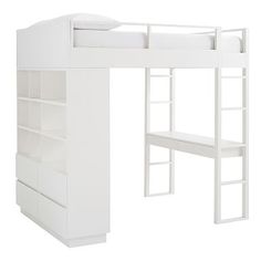 a white loft bed with a desk underneath it and shelves under the bottom bunk beds